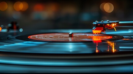 Macro shot focusing on a playing turntable's stylus and vinyl record with red and orange ambient...