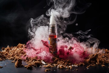 E-cigarette surrounded by vapor and dried tobacco on a dark background