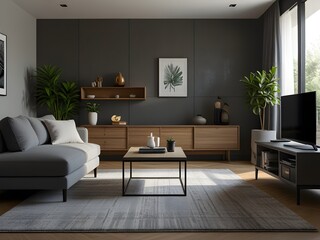 Elegant Living Room with Large Windows, Gray Sofas, and Indoor Plants, Perfect for Real Estate or Home Decor Themes