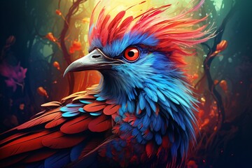 a colorful bird with red and blue feathers