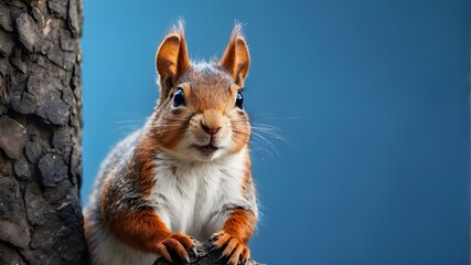 A surprised squirrel, Sciurus, warily looks around a corner against a blue background, made using Generative AI technology. Copy the space.