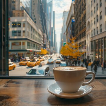 Fototapeta A cup of coffee. In the background, a busy city street with a cab can be seen outside the window.