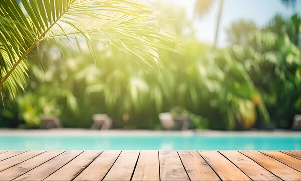 Wooden Table Background Mockup with Copy Space for Text, Empty Wood Desk at Summer Swimming Pool Background, Green Palm Trees Around, Generative AI Illustration