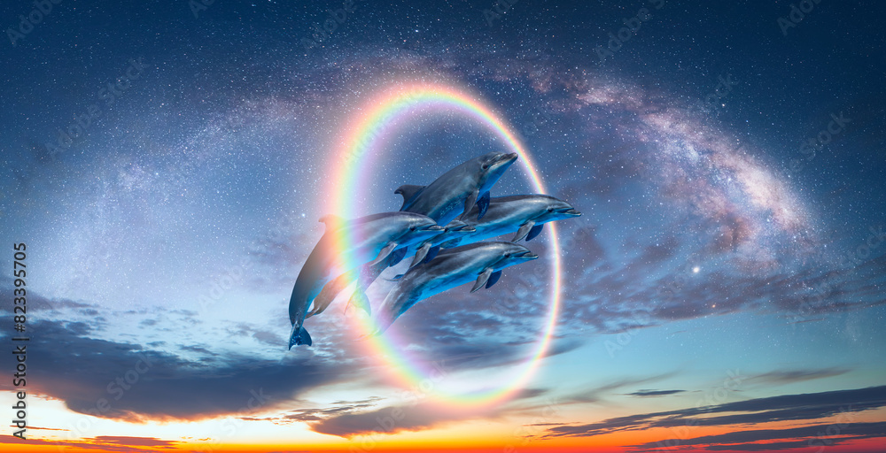 Aufkleber group of dolphins jumping up from the sea amazing sunset in the background with rounde rainbow and m