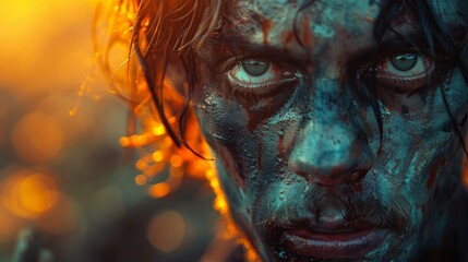 A close-up photo of a person with striking eyes and dramatic face paint against a warm bokeh background