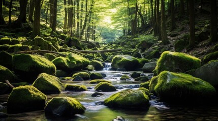 Fototapeta premium Crystal-clear creek winding among mossy trees.