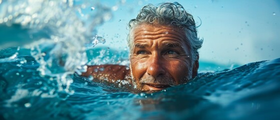 A man is swimming in the ocean and smiling