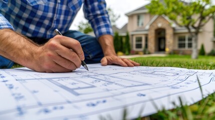 A man is standing in front of a house, writing on a blueprint laid out on a table. He is focused and engaged in his work