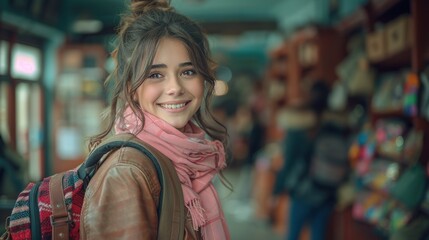 Fototapeta premium A woman standing with a pink scarf wrapped around her neck and carrying a backpack