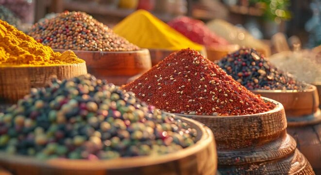 Close-up of traditional spices in a market, blurred exotic bazaar
