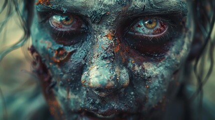 A striking close-up of a person's face covered in mud and gazing intently at the viewer