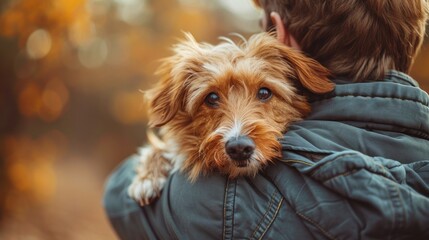 A man standing while holding a dog in his arms