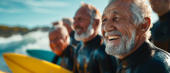 A group of older men are smiling and laughing while holding surfboards
