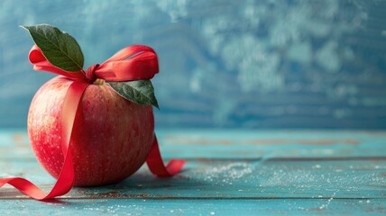 Red apple with bow on blue wooden table