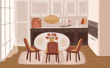 Cozy kitchen interior in modern scandinavian style. Flat hand drawn background illustration