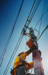 Close up of an electrician working on electric pole