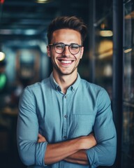 Fototapeta premium A man wearing a blue shirt and glasses smiling