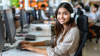 A woman in headset sits at her computer, focusing on work or communication