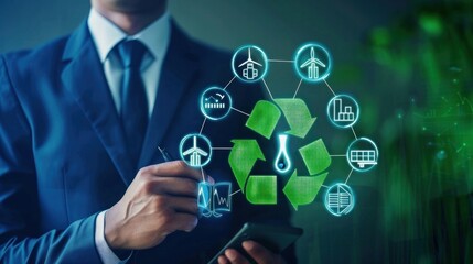 A businessman with environmental technology Icons, global warming, sustainable development,