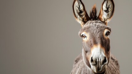 Close-up of donkey facing camera on grey background