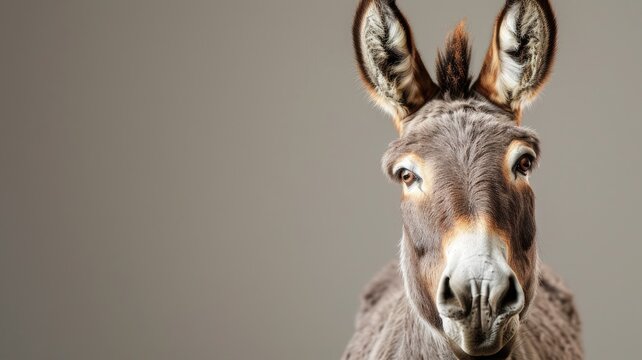 Close-up of donkey facing camera on grey background