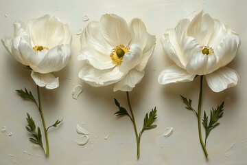 Four white flowers painted on a white surface, high quality, high resolution