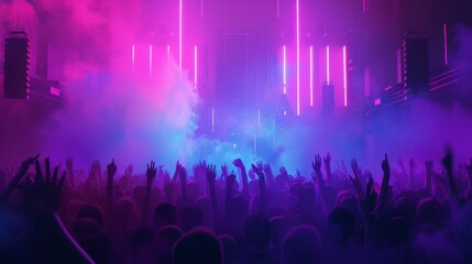 Enthusiastic crowd enjoying a live concert under a dazzling array of pink and purple lights, creating a vibrant party atmosphere.