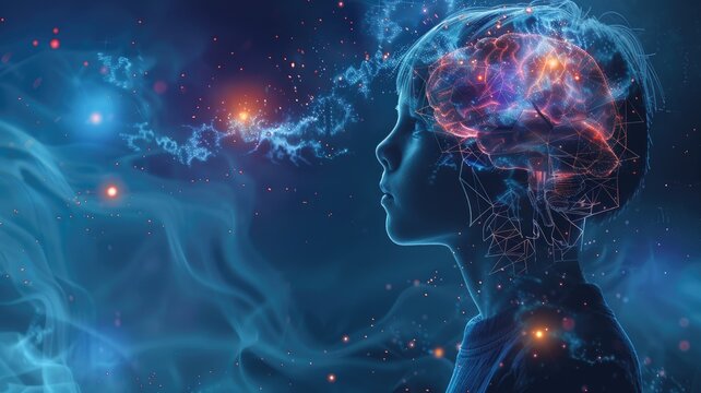 Digital illustration of human head with brain connectivity and data points representing artificial intelligence or cognitive processes