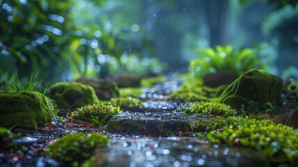 Fototapeta premium Top of the line CG, surreal photography.Fresh rain on mossy stones in a garden path. beautiful, romantic, and beautiful lighting. Blue sky, ultra-high definition, front view, Nikon photography, Sony
