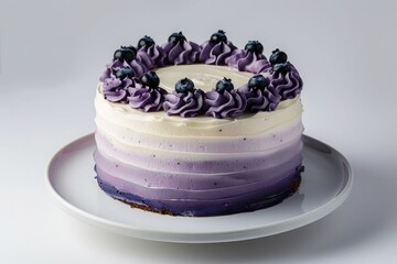 blueberry ombre cake on a ceramic plate on white background