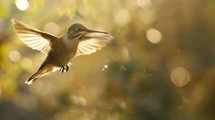 Hummingbird flying in the golden sunlight