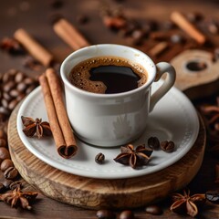 A cup of coffee sits on a saucer, surrounded by coffee beans and cinnamon sticks.