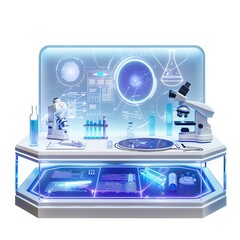 Modern laboratory desk with advanced equipment and holographic displays for scientific research and futuristic experiments.