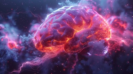 Human brain on blue neon background . An organ of anatomy, neurology, healthy body . 3d illustration