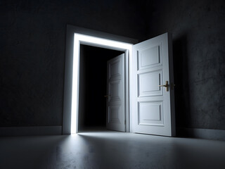  3d render, bright light glowing from an open door isolated on a black background design. Architectural design element. Modern minimal concept. Hope metaphor