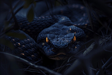 Black Snake with Glowing Eyes in Dark Forest. Close-up of a black snake with glowing orange eyes, coiled in a dark forest setting.