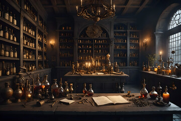 Obraz premium Alchemist workshop. A strange and creepy room with cabinets of curiosities filled with lots of bottles and glass jars. CG Artwork Background. AI generated digital illustration