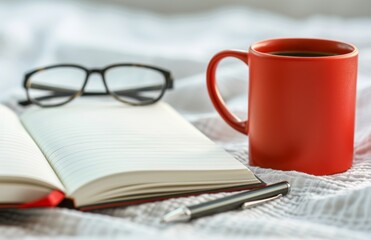 A minimalist desk with an open notebook, pen and glasses on it