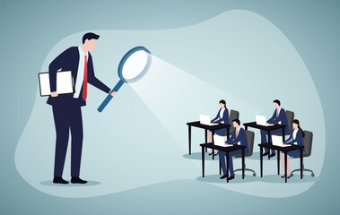 Boss is watching over employee. KPI assessment, promotion concept. Business vector illustration.
