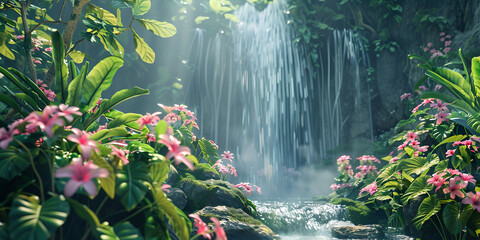 Waterfall flowing through a lush rainforest Lush Tropical Paradise With Vibrant Foliage Wallpaper