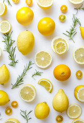 Fat lay of yellow fruits and vegetables on white background