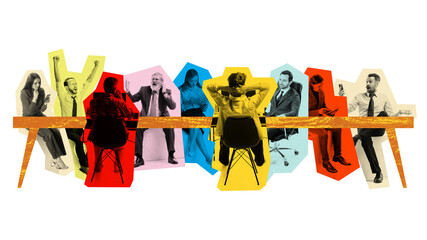 Contemporary art collage. Business people in vibrant color blocks around a long table, engaging in...