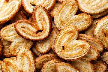 Heart shape cookies background. Top view