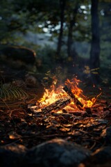 a campfire in the woods with a lot of fire