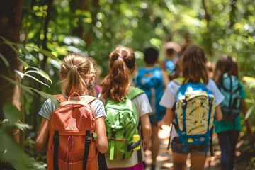 Group of Young Girls with Colorful Backpacks Hiking Through a Lush Forest, Exploring Nature Together
