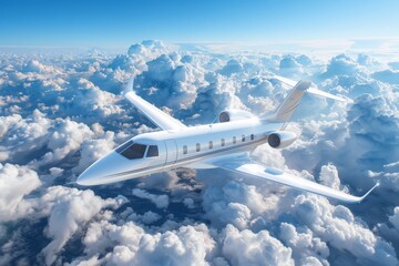 An airplane soaring above fluffy white clouds against a blue sky, showcasing the majesty of aviation and the beauty of nature.