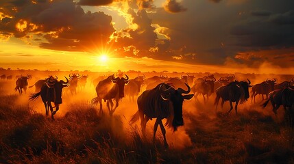 Roaming expansive plains of the Serengeti a herd of wildebeest kicks up dust as they embark on their annual migration their thunderous hooves echoing across the savannah
