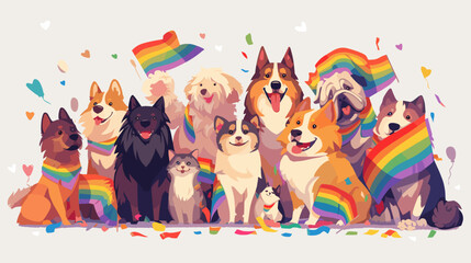 A flat vector illustration of a group of animals including a cat, dog, and bird, each holding a flag with the LGBTQ+ rainbow colors. The animals are arranged side by side on a white background