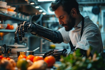 A man with a prosthetic arm is cooking in a kitchen. The kitchen is filled with various utensils and appliances, including a sink, a refrigerator, and a microwave - Powered by Adobe