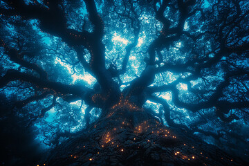 Magical Tree Illuminated by Starry Lights at Night. A large, ancient tree illuminated by star-like lights in its branches, set against a night sky full of stars.